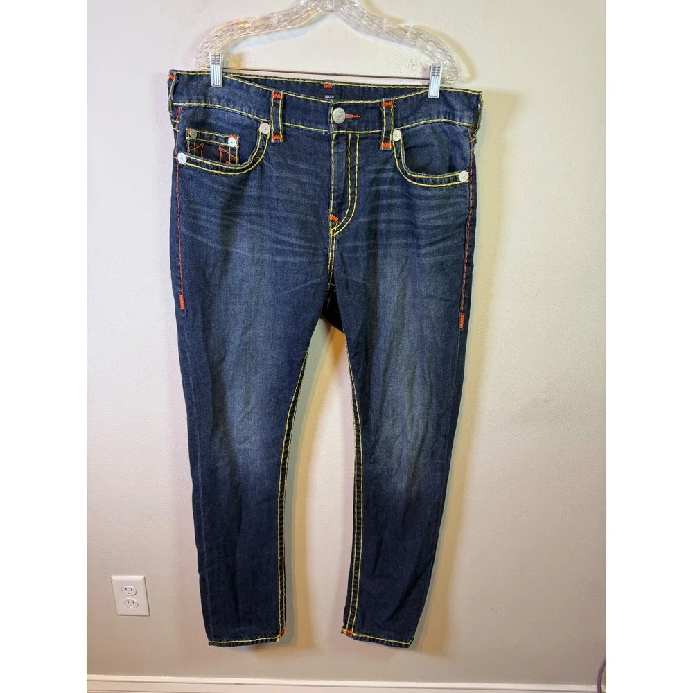 True Religion Mens Rocco Relaxed Skinny Big T Contrast Stitch Blue Jeans Size 36